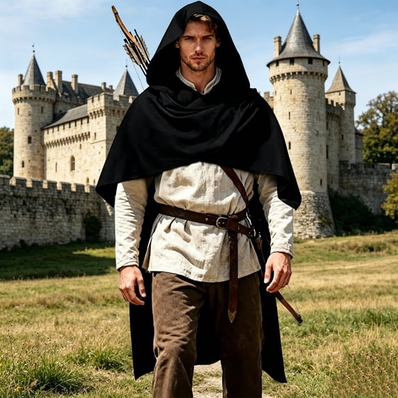 HuangHuanChen Mens Renaissance Hooded Cape Medieval Linen Cloak with Hood for Men Halloween Medieval Hooded Shawl Cape Adult Role Playing Shawl Black One Size