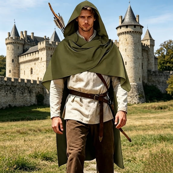 HuangHuanChen Mens Renaissance Hooded Cape Medieval Linen Cloak with Hood for Men Halloween Medieval Hooded Shawl Cape Adult Role Playing Shawl Green One Size