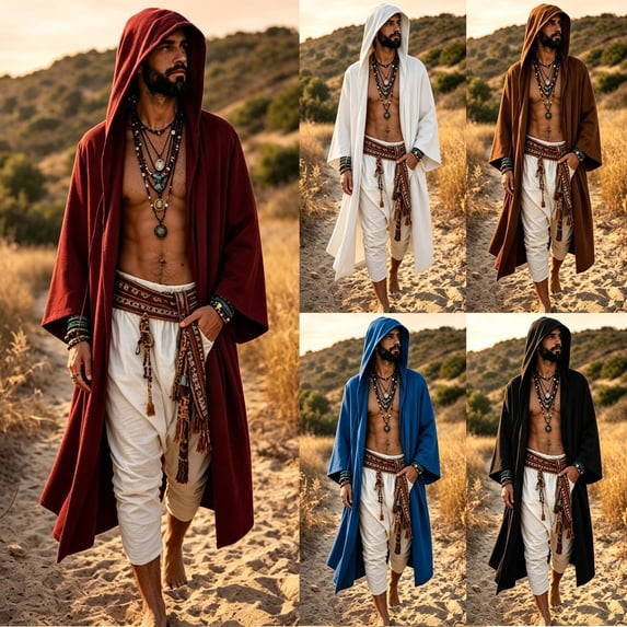HuangHuanChen Mens Renaissance Shawl Cape Medieval Samurai Cloak Warrior Ren Faire Men's Oversized Hooded Coat Halloween Cape Men Shawl Collar Lightweight Open Front Drape Kimono Cardigan Red M