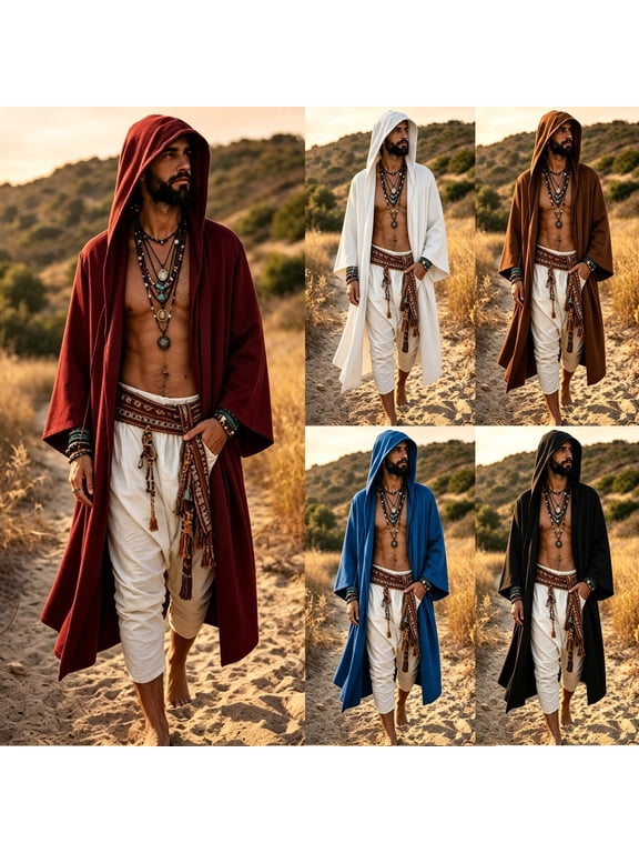 Mens Renaissance Shawl Cape Medieval Samurai Cloak Warrior Ren Faire Men's Oversized Hooded Coat Halloween Cape Men Shawl Collar Lightweight Open Front Drape Kimono Cardigan Red M