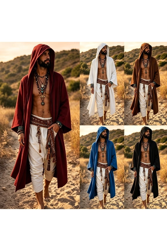 Mens Renaissance Shawl Cape Medieval Samurai Cloak Warrior Ren Faire Men's Oversized Hooded Coat Halloween Cape Men Shawl Collar Lightweight Open Front Drape Kimono Cardigan Red M