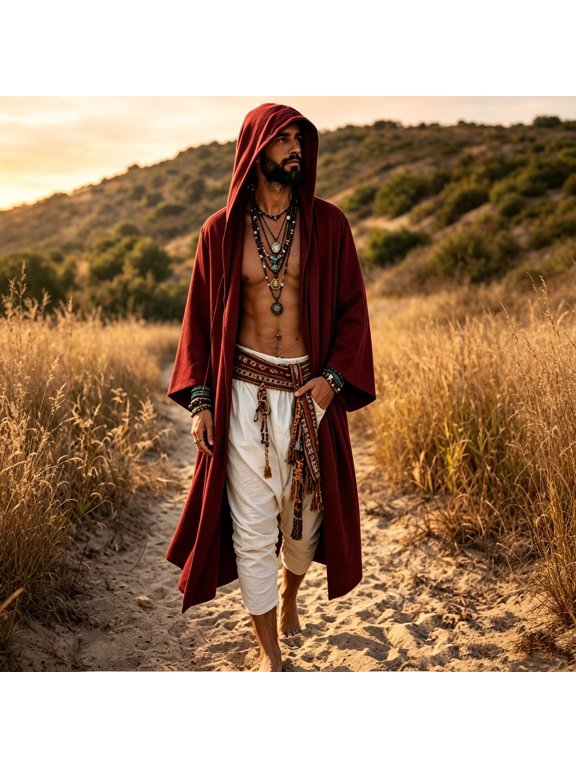 Mens Renaissance Shawl Cape Medieval Samurai Cloak Warrior Ren Faire Men's Oversized Hooded Coat Halloween Cape Men Shawl Collar Lightweight Open Front Drape Kimono Cardigan Red XXL