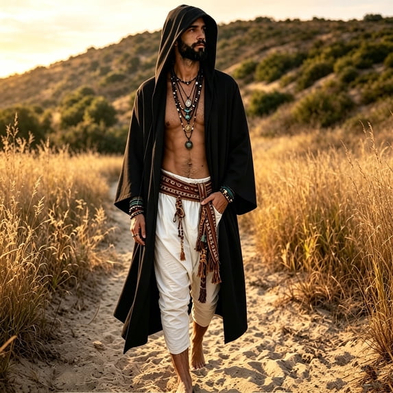HuangHuanChen Mens Renaissance Shawl Cape Medieval Samurai Cloak Warrior Ren Faire Men's Oversized Hooded Coat Halloween Cape Men Shawl Collar Lightweight Open Front Drape Kimono Cardigan Black L