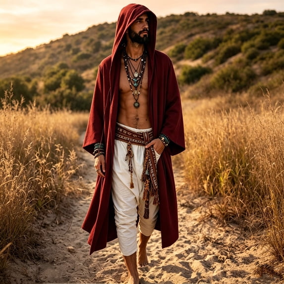 HuangHuanChen Mens Renaissance Shawl Long Hooded Cardigan Long Sleeve Ruffle Shawl Lightweight Open Front Drape Mens Cape Warrior Ren Faire Hooded Coat Windbreaker Red XL