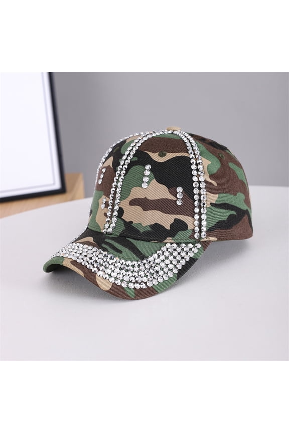 Rhinestone Camouflage Baseball Cap For Women Men Sequins Sun Hat Bling Shiny Rhinestones Sun Visor hat Breathable Cap Sparkle Bling Flag Cap Adjustable Baseball Cap Green One Size