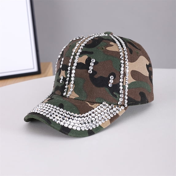 HuangHuanChen Rhinestone Camouflage Baseball Cap For Women Sequins Sun Hat Bling Shiny Rhinestones Sun Visor hat Breathable Cap Sparkle Bling Flag Cap Adjustable Baseball Cap Blackish Green One Size