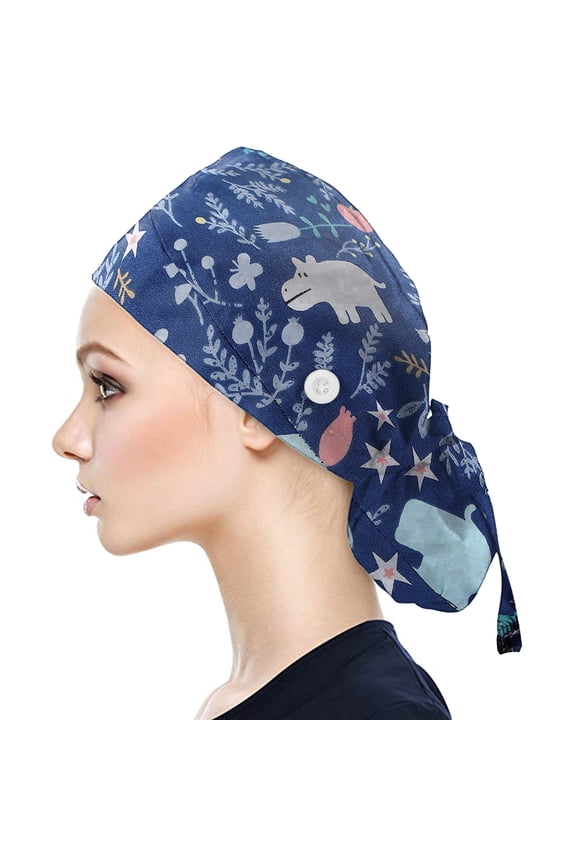 Scrub Cap for Women Men With Buttons Bouffant Hat With Sweatband Unisex C