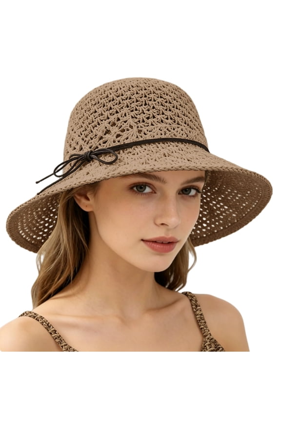Summer Beach Sun Straw Hats for Women Wide Brim Packable Travel Bucket Hats UPF 50+ Hollow Out Wide Brim Hat Versatile Elegant Woven Straw Sun Hat Khaki A