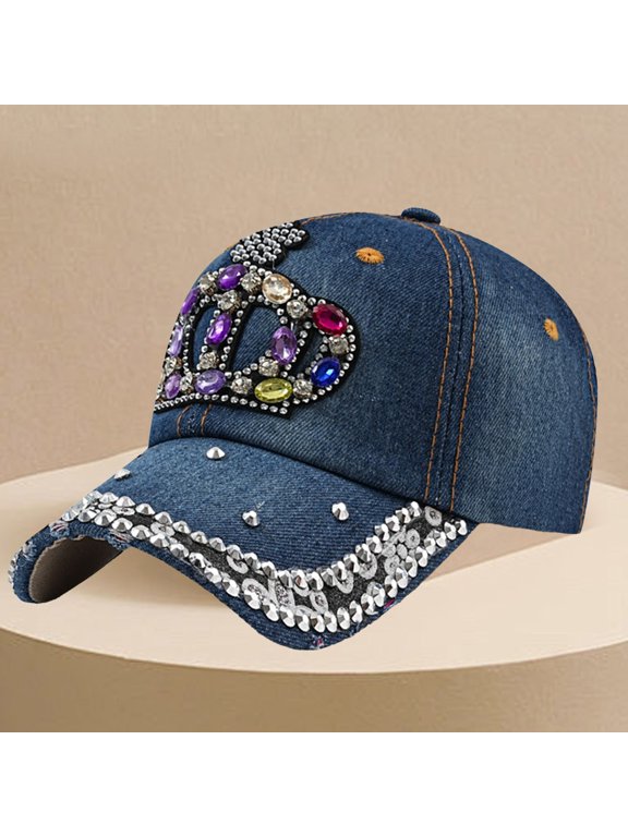 Sun Hats for Women Casual Denim Baseball Cap Studded Bling Hat for Women Sun Hat Metal Buckle Adjustable Bling Diamond Traveling Hat Rhinestone Baseball Caps