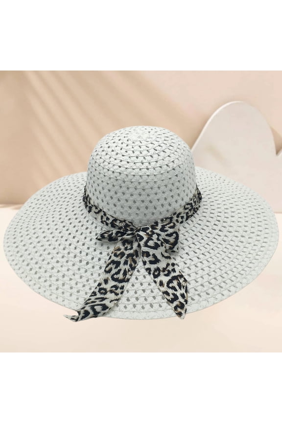 Sun Hats for Women with Knot Bow Summer Wide Brim UV UPF 50+ Fedora Foldable Packable Straw Beach Hat Fashion Hat Travel Hat