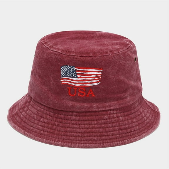 HuangHuanChen Unisex Bucket Hats For Women Men Beach Fishing Hat Sun Hat Retro USA Embroidery American Flag Red