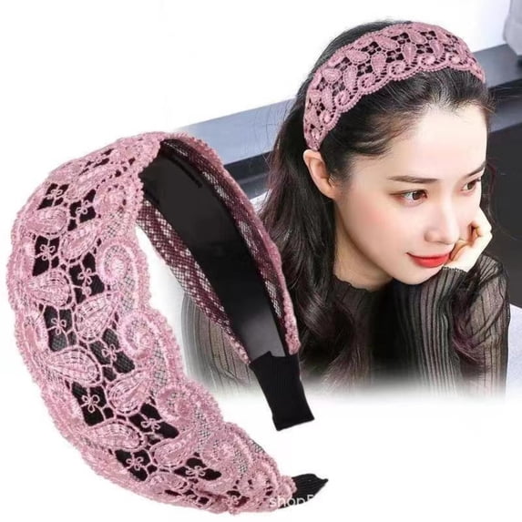 HuangHuanChen Wide Headband Anti With Teeth Elegant High Toughness Lace Embroidery Hairband For Women Accessories Pink