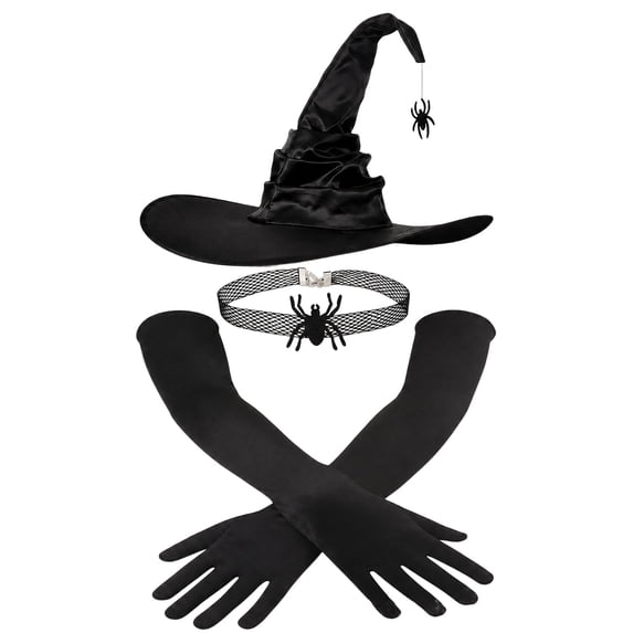 HuangHuanChen Witch Hat for Women With Long Gloves Halloween Ruched Wide Brim Spire Cap for Party Masquerade Daily Adult Costume Accessory Wizard Hats One Size
