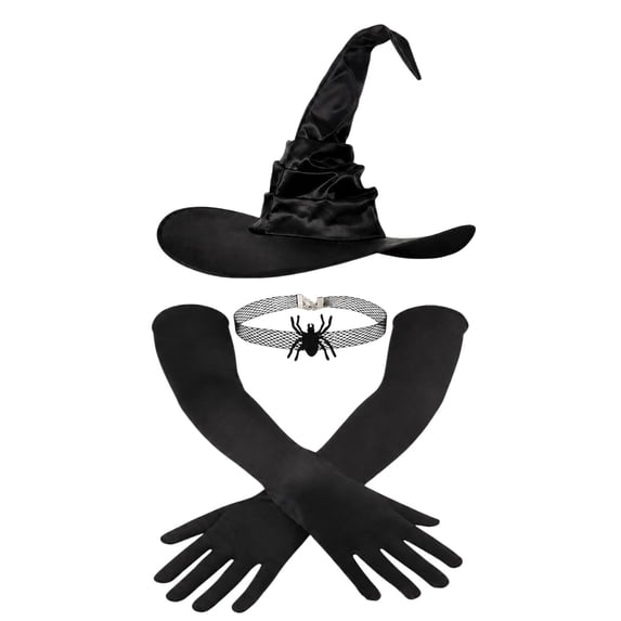 HuangHuanChen Witch Hat for Women With Long Gloves Halloween Ruched Wide Brim Spire Cap for Party Masquerade Daily Adult Costume Accessory Wizard Hats One Size