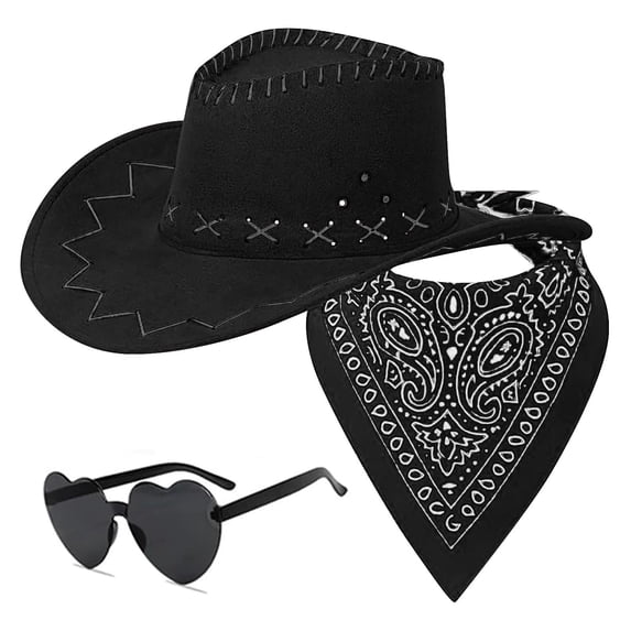 HuangHuanChen Women Men Western Cowboy Hat Bandana Sunglasses 3Pcs Set, Classic Retro Cowboy Outfit Accessories, Lightweight Costume Kit for Rodeo Party Halloween Daily Outdoor Wear Black