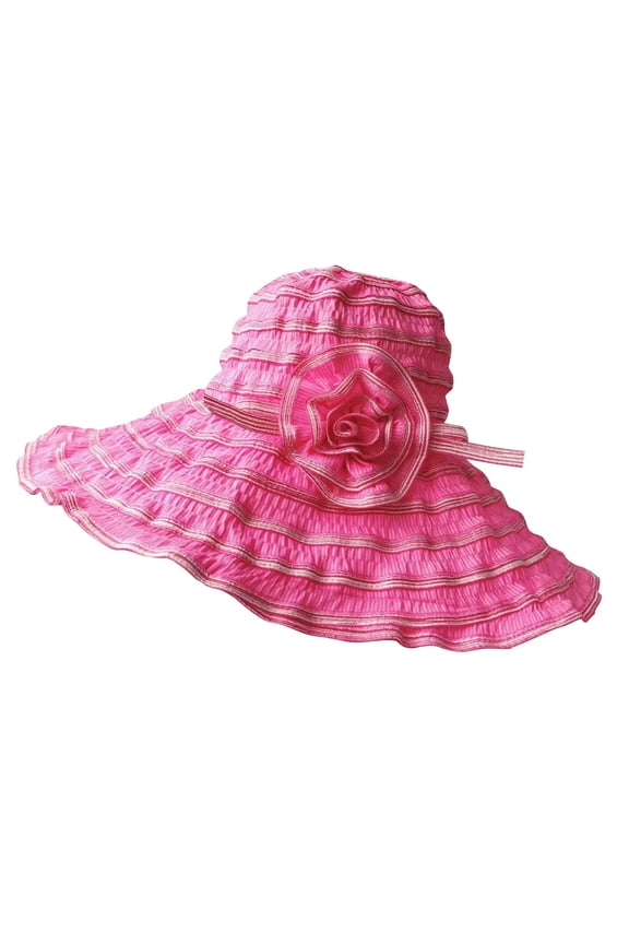 Women's Pleated Striped Sun Hat Wide Brim Floppy Hat UPF 50+ UV Protection Wide Brim Bucket Hat Sun Hats for Women Hiking Fishing Hats Hot Pink One Size