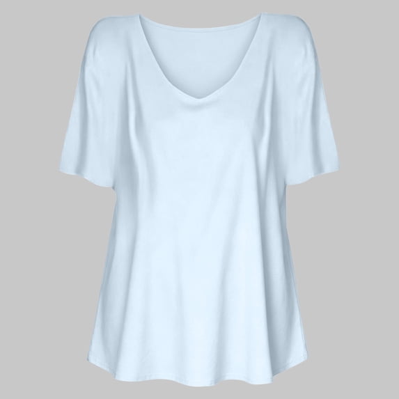 HuangHuanChen Women's Short Sleeve T Shirt V Neck Oversized Tshirt for Women Casual Loose Fit Basic Tee Solid Color Tshirt Shirt Light Blue S