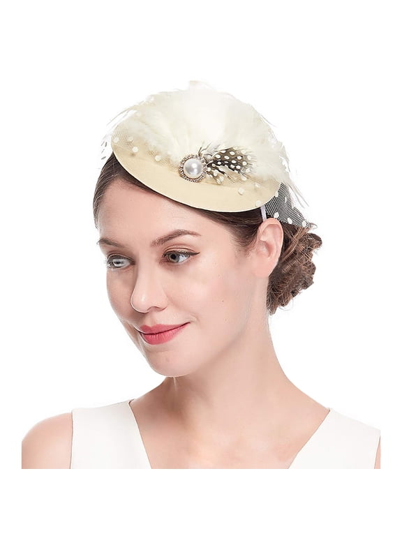 Womens Fascinator Hat Feather Fascinators Hair Clip Tea Party Pillbox Derby Hat Fascinator Bridal Wedding Beige