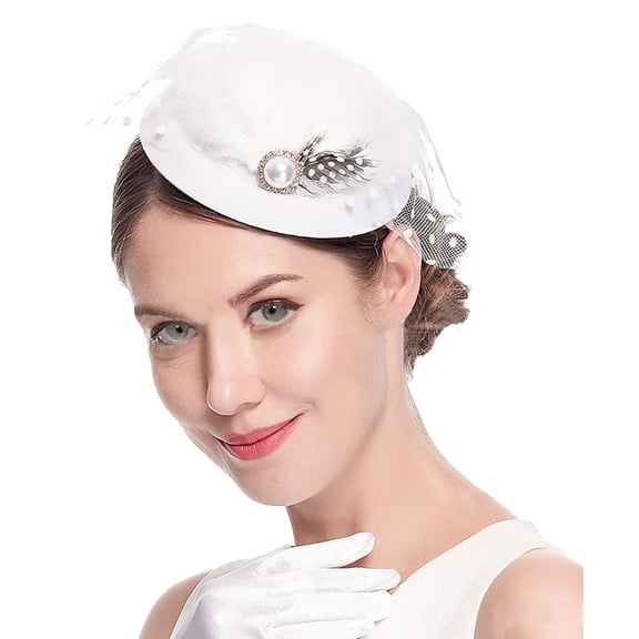 HuangHuanChen Womens Fascinator Hat Feather Fascinators Hair Clip Tea Party Pillbox Derby Hat Fascinator Bridal Wedding White