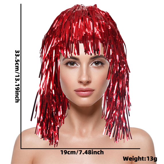HuangHuanChen Womens PET Fringe Wig Colorfur Sparkling Festival Headpiece For Cheerleaders and Sports Fans Red