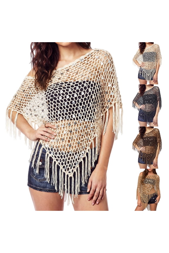 Womens Sequin Crochet Poncho Cover Up Fringe Asymmetrical Shawl Summer Beach Vacation Knit Mesh Top One Shoulder Women's Sheer Poncho Shawl Top White One Size