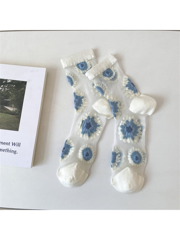 Womens Socks Lace Mesh Crew Socks Transparent Sock Thin Nylon Summer Sock Silk Stockings White