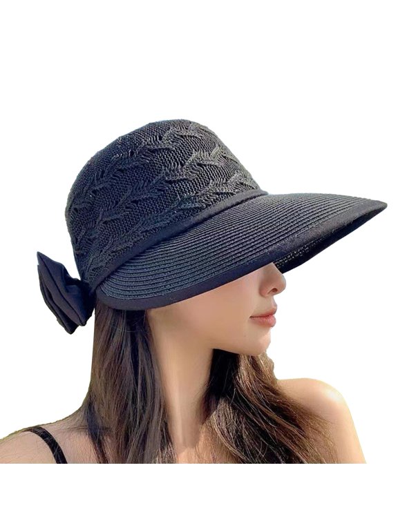 Womens Sun Visor Hat with Bow Decor Summer Packable Ponytail Beach Hats Sun Hat Wide Brim Hat Fashion Breathable Straw Sun Visors for Women Outdoor Travel Vacation Black One Size