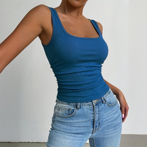 HuangHuanChen Womens Tank Tops U Neck Ribbed Thin Shoulder Strap Sleeveless Top for Women Solid Color Basic Tee Crop Top Summer Fashion Clothing Blue L