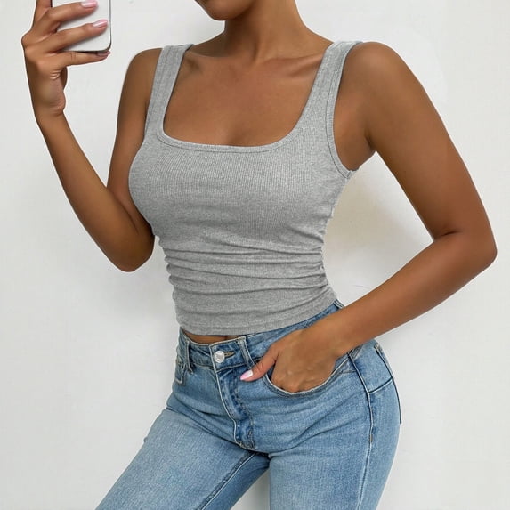 HuangHuanChen Womens Tank Tops U Neck Ribbed Thin Shoulder Strap Sleeveless Top for Women Solid Color Basic Tee Crop Top Summer Fashion Clothing Grey S