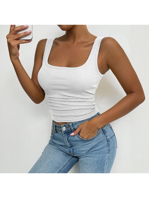 Womens Tank Tops U Neck Ribbed Thin Shoulder Strap Sleeveless Top for Women Solid Color Basic Tee Crop Top Summer Fashion Clothing White S