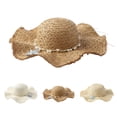thumbnail image 1 of HuangHuanChen Womens Travel Straw Sun Hat Sun Shade Straw Hats Wide Brim Sun Hat with Pearl River Beach Fishing UPF 50+ Woven Hat For Women Summer Vacation White One Size, 1 of 6