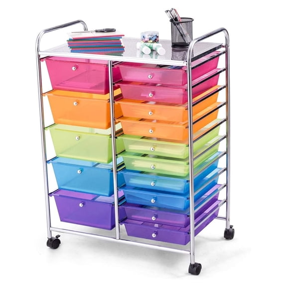 Hymkun 15-Drawer Rolling Storage Cart, Multipurpose Movable Organizer Cart, Utility Cart for Home, Office, School, Rainbow