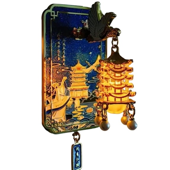 Huanghe Tower Illuminated Decorative Wall Decal with Dancing Crane & Blossom Design, LED Lantern for Fridge & Magnetic Surfaces