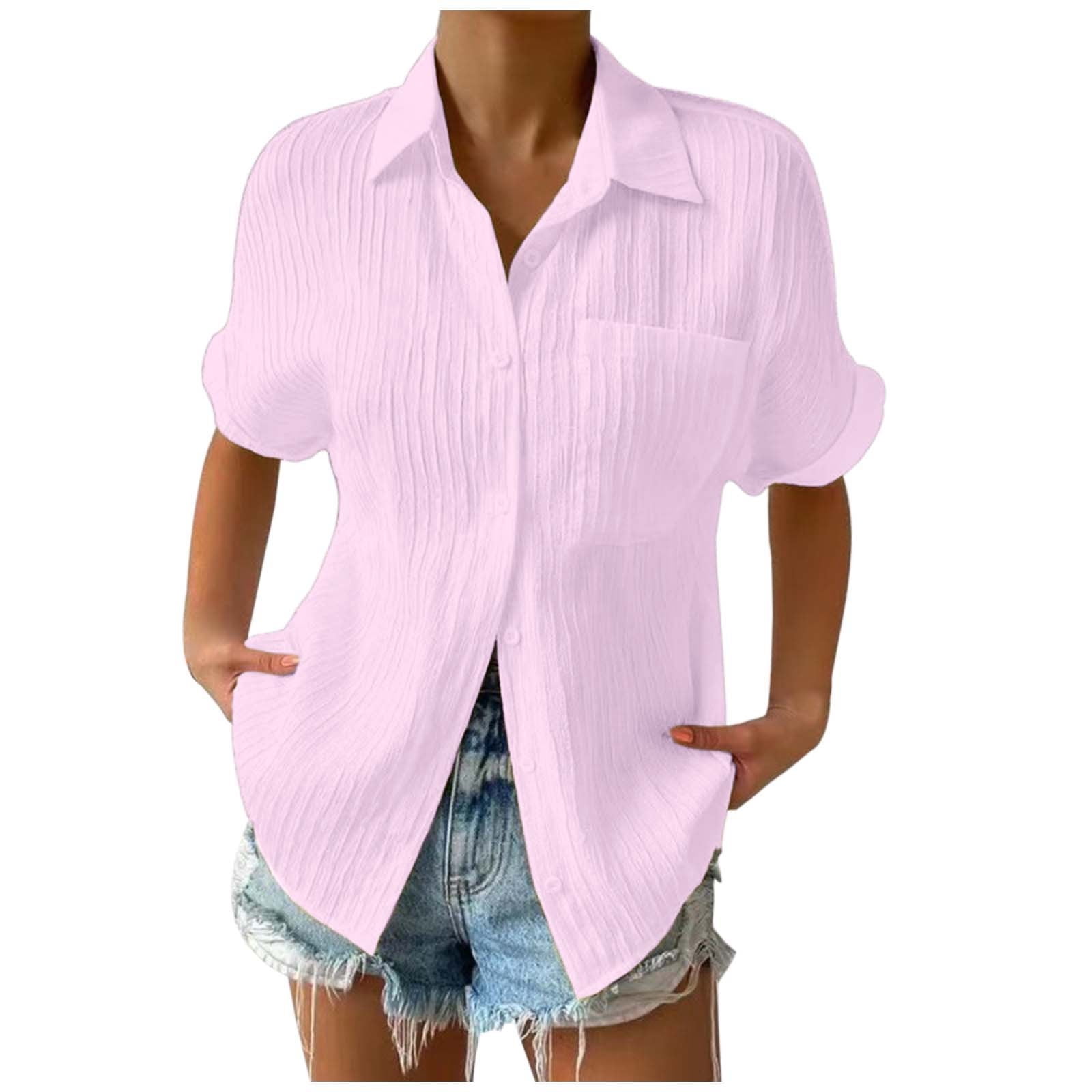 Huanghuaa Womens plus Size Camp Shirts Women's Solid Color Buttoned