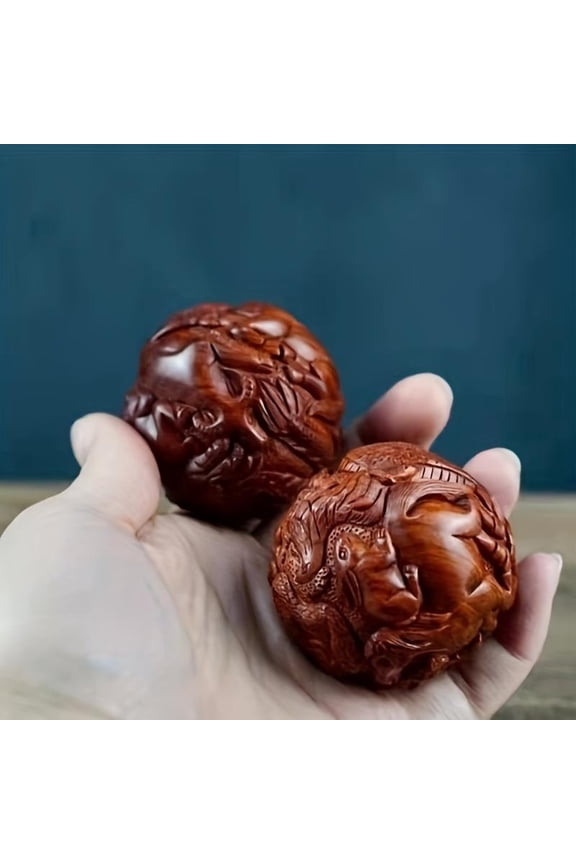 Huanghuali Zodiac Health Ball - Intricate Wooden Massage Ball with Dragon & Phoenix Carvings, Solid Wood Fitness Ball for Hand & Foot Massage, Handheld Massage Tool | Intricate Carving | Smooth,rde