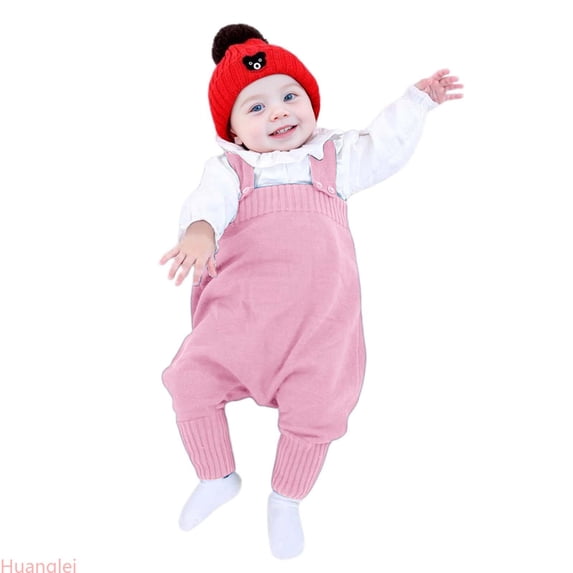 Huanglei Baby Boy Girl Suspender Pants Knit Overalls Solid Color Elastic Jumpsuit Fall Winter Outfit ,12-18 Months ,Pink