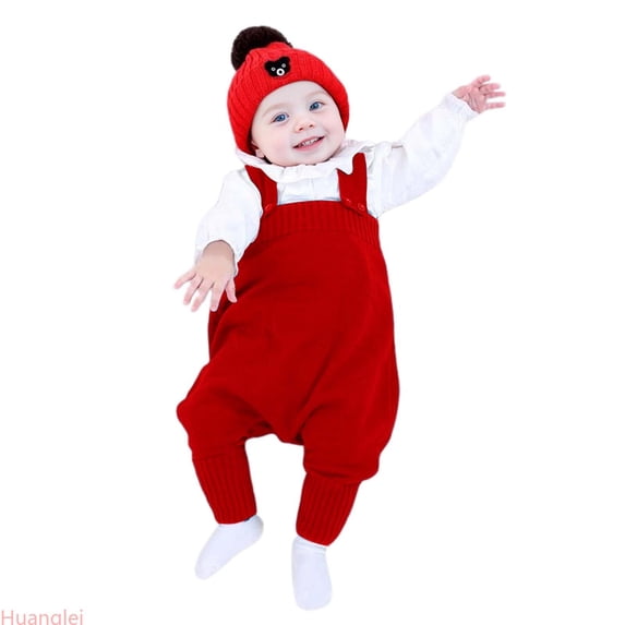 Huanglei Baby Boy Girl Suspender Pants Knit Overalls Solid Color Elastic Jumpsuit Fall Winter Outfit ,3-6 Months ,Red