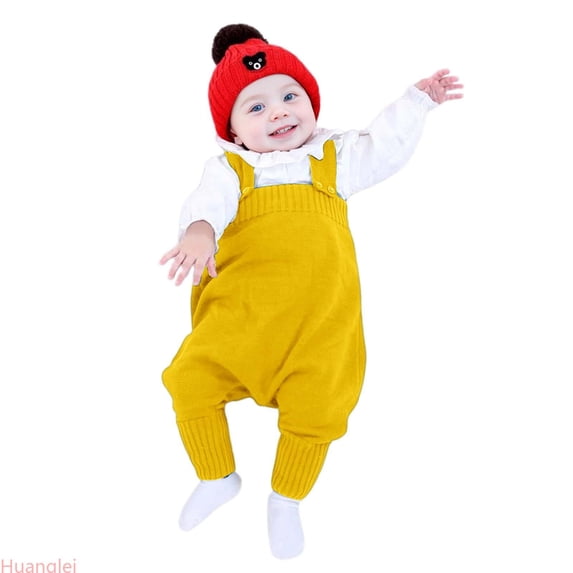 Huanglei Baby Boy Girl Suspender Pants Knit Overalls Solid Color Elastic Jumpsuit Fall Winter Outfit ,6-12 Months ,Yellow