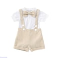 thumbnail image 1 of Huanglei Baby Boys Formal Suit Set Short Sleeve Romper Suspenders Shorts Pants Bowtie Wedding Tuxedo Outfits Clothes Toddler Boys Clothes ,18-24 Months ,Beige, 1 of 4