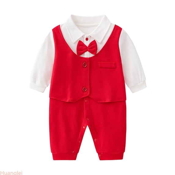 Huanglei Baby Boys Gentleman Romper Jumpsuit Long Sleeve Bowtie Outfit Formal Wear Tuxedo Suit ,6-9 Months ,Red