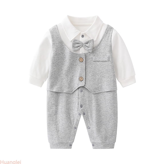 Huanglei Baby Boys Gentleman Romper Jumpsuit Long Sleeve Bowtie Outfit Formal Wear Tuxedo Suit ,9-12 Months ,Gray