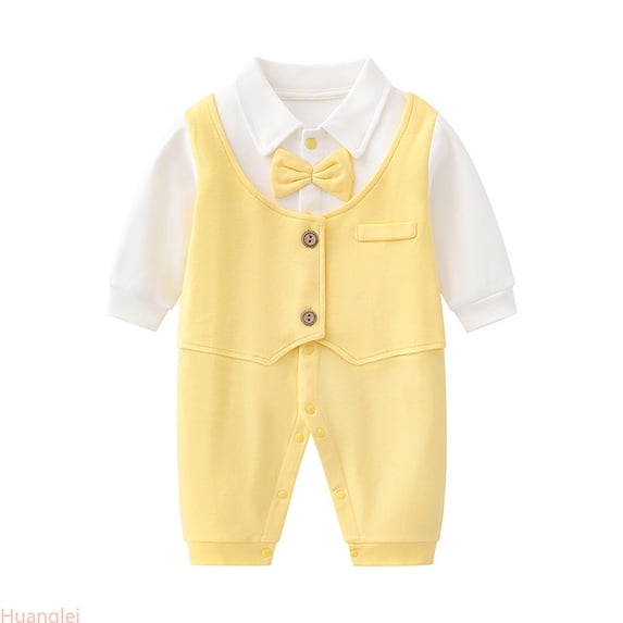 Huanglei Baby Boys Gentleman Romper Jumpsuit Long Sleeve Bowtie Outfit Formal Wear Tuxedo Suit ,9-12 Months ,Yellow