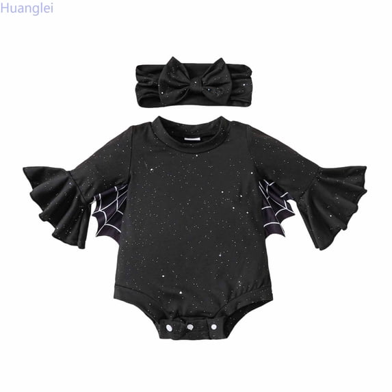 Huanglei Baby Girls Halloween Outfit Set, Sparkly Wing Long Sleeve Bodysuit with Bow Headband Romper (E)