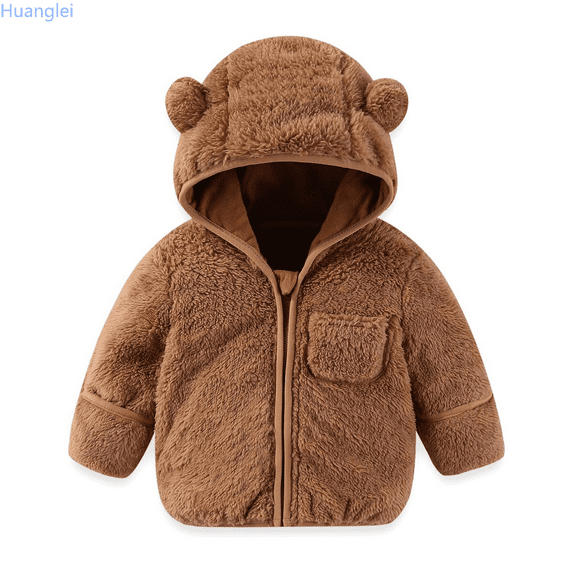 Huanglei Baby Infant Boys Girls Winter Coat With Fold Over Mittens Fleece Outwear Jacket Warm Clothes Bear Hooded Full-Zip Jacket 0-6 Months