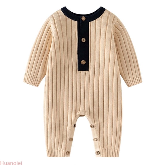 Huanglei Baby Knit Sweater Autumn And Winter Long Sleeve Cotton Thread Baby Clothes Warm Foreign Style Baby Conjoined ,0-3 Months ,Beige