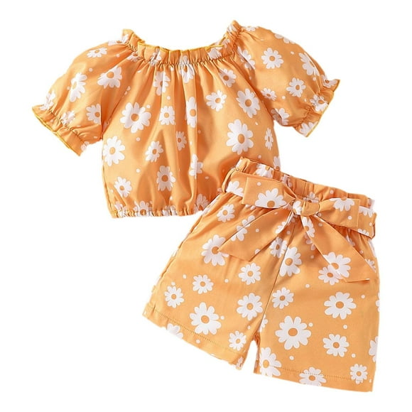 Huanglei Baby Set Summer One Shoulder Puffed Sleeve Waist Small Shirt + Floral Shorts Set 6-9 Months
