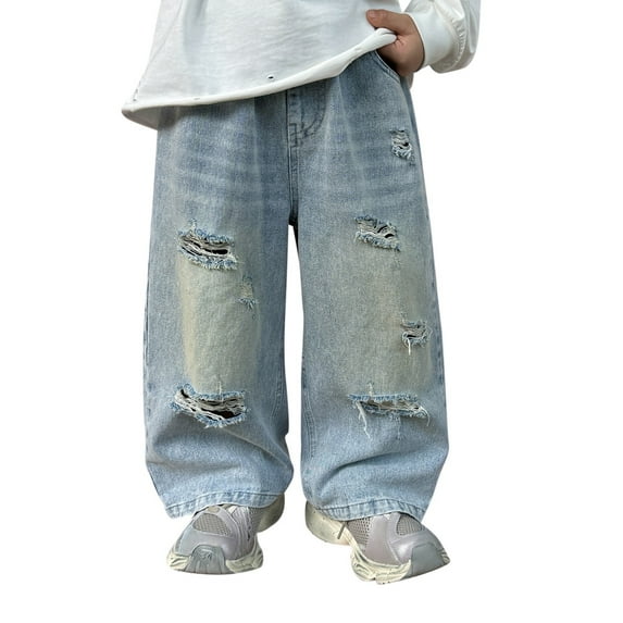 Huanglei Boys' Baggy Jeans Elastic Waist Distressed Ripped Denim Pants With Holes