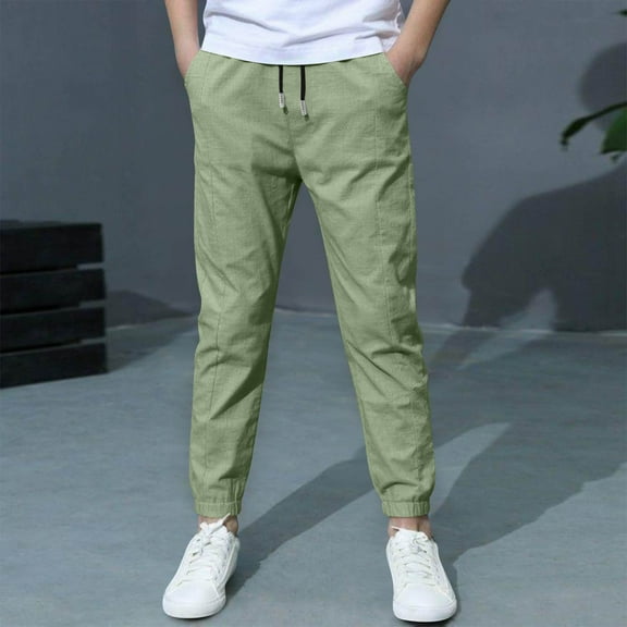 Huanglei Boys Casual Linen Drawstring Jogger Pants For Everyday Wear Comfortable Elastic Waist Loose Fit Spring Summer Outfits