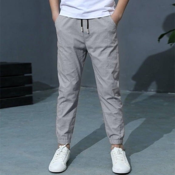 Huanglei Boys Casual Linen Drawstring Jogger Pants For Everyday Wear Comfortable Elastic Waist Loose Fit Spring Summer Outfits