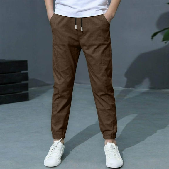 Huanglei Boys Casual Linen Drawstring Jogger Pants For Everyday Wear Comfortable Elastic Waist Loose Fit Spring Summer Outfits